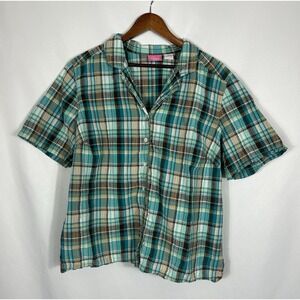 VTG Seersucker Plaid Cotton Boxy Crop Button Up Top Picnic Cottage Country 1X